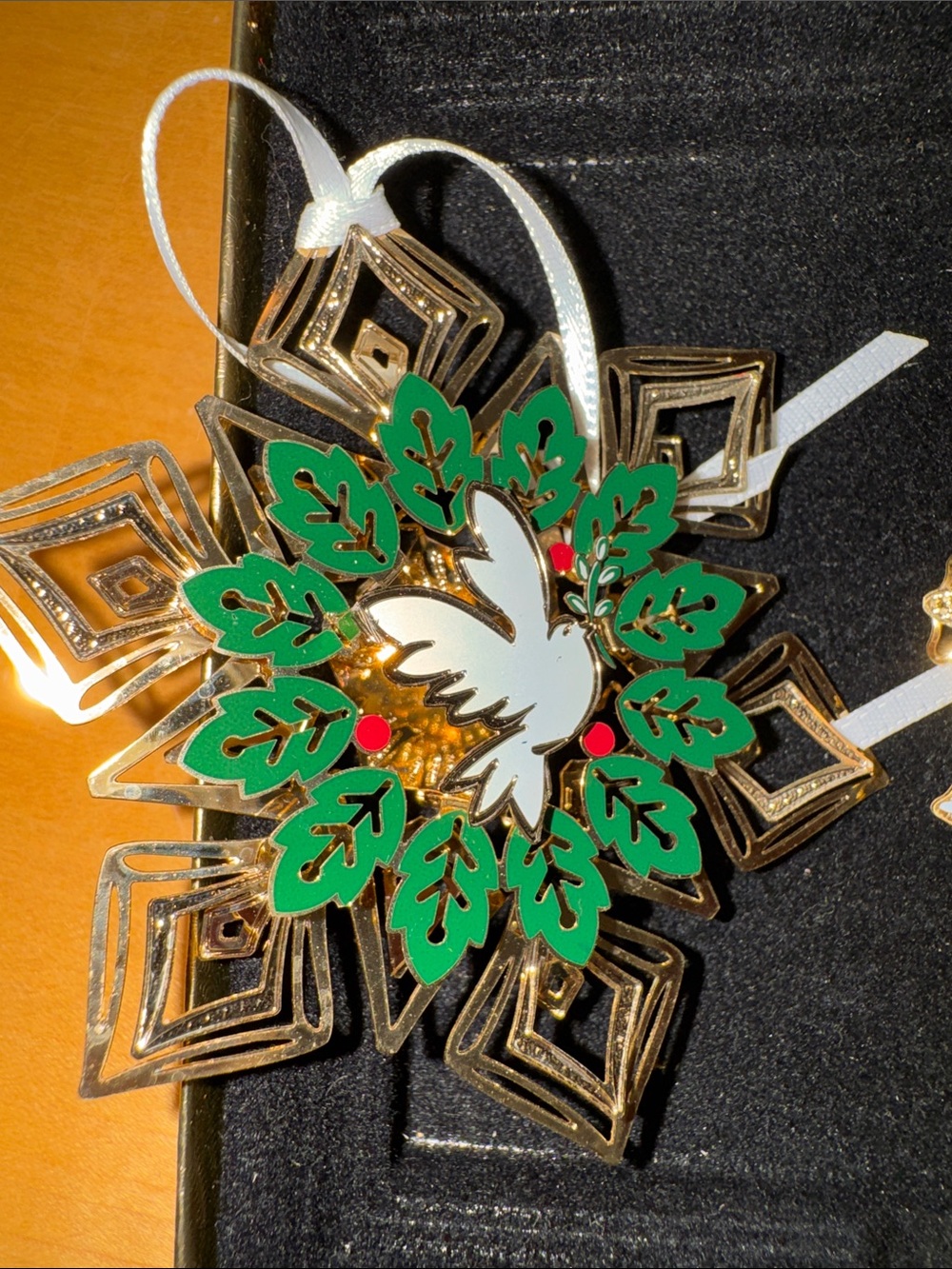 2 gold-finished decorative metal snowflake or floral ornaments made by ChemArt - Picture 10 of 15